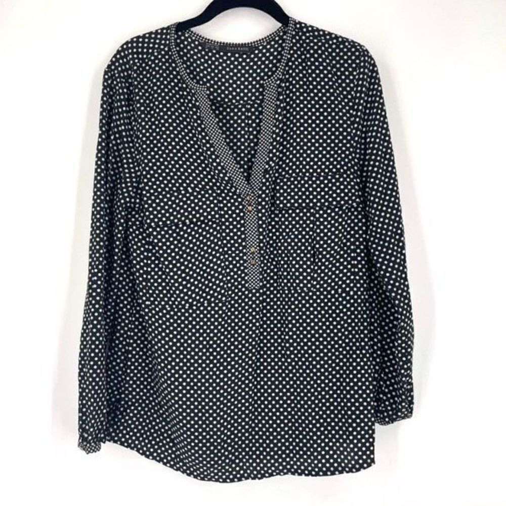 Zara Basic Women's Polka Dot V Neck Long Sleeve Blouse Black White Size Small